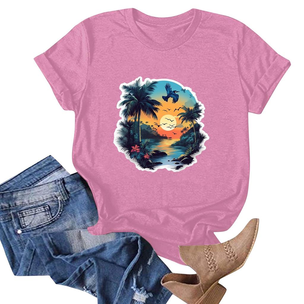 Damenmode Lässiges T-Shirt mit Hawaii-Print, kurzärmelig, kurzärmelig