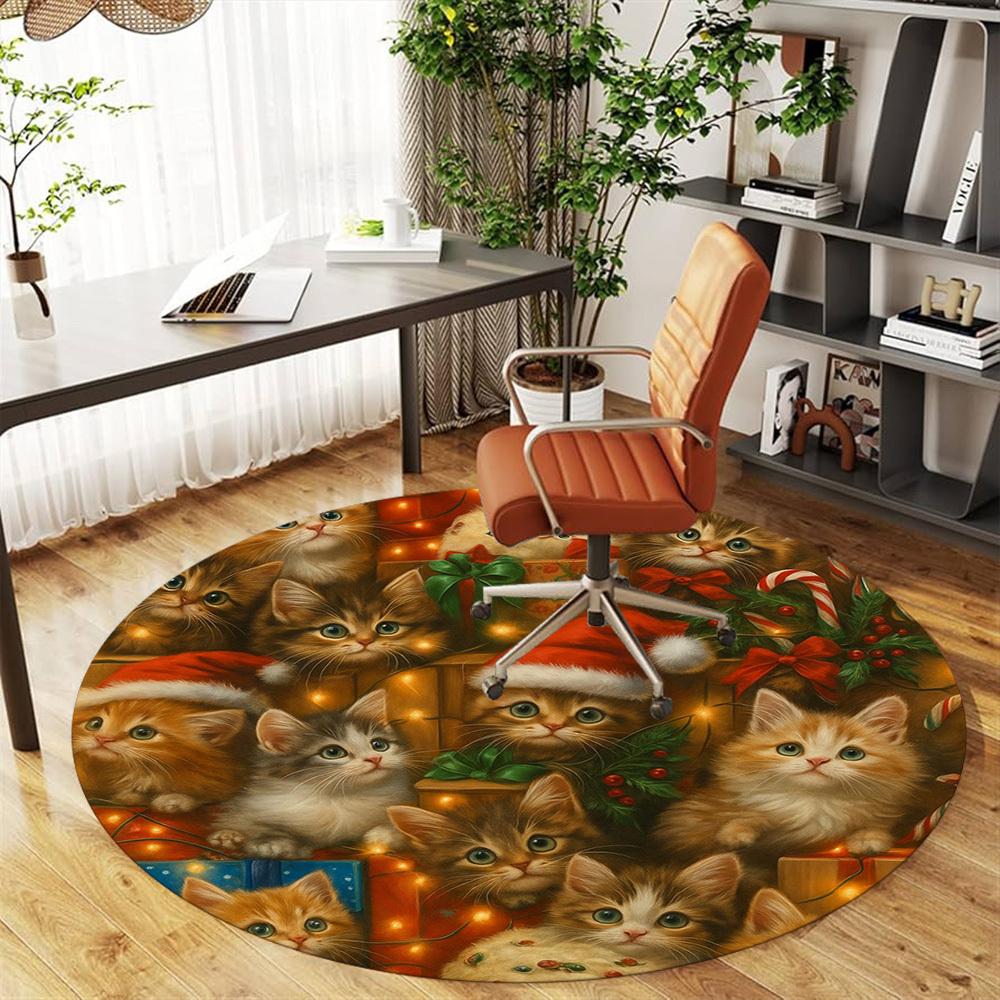 1pc Christmas Kittens Round Chair Mat Area Rug - Non-Slip, Floor Mat for Office, Bedroom, Home Decor Christmas Gift P0811379