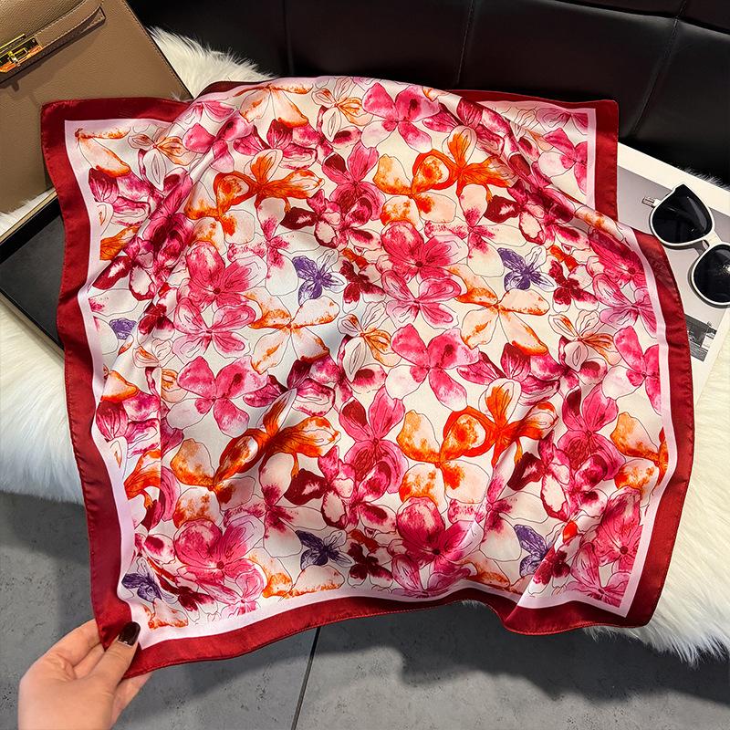 French Light Luxury Floral Small Square Scarf Simulation Silk Printing Silk Scarf Headscarf Women's Spring and Summer Scarf Temperament Scarf Scarf N