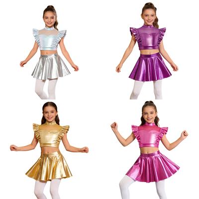 Girls Dance Costume Sleeveless Mock Neck Rhinestone Mesh Patchwork Crop Top Shiny Flared Skirt Set