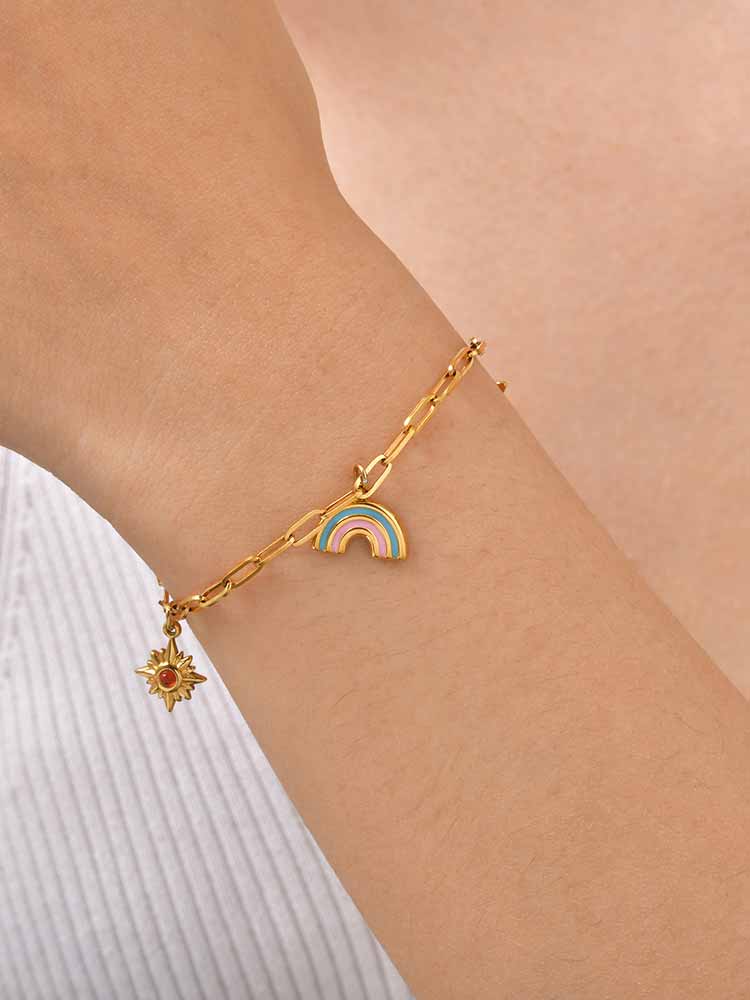 Paperclip Chain Charm Bracelet Gold Plated Stainless Steel Sun Rainbow Butterfly Adjustable Women Jewelry