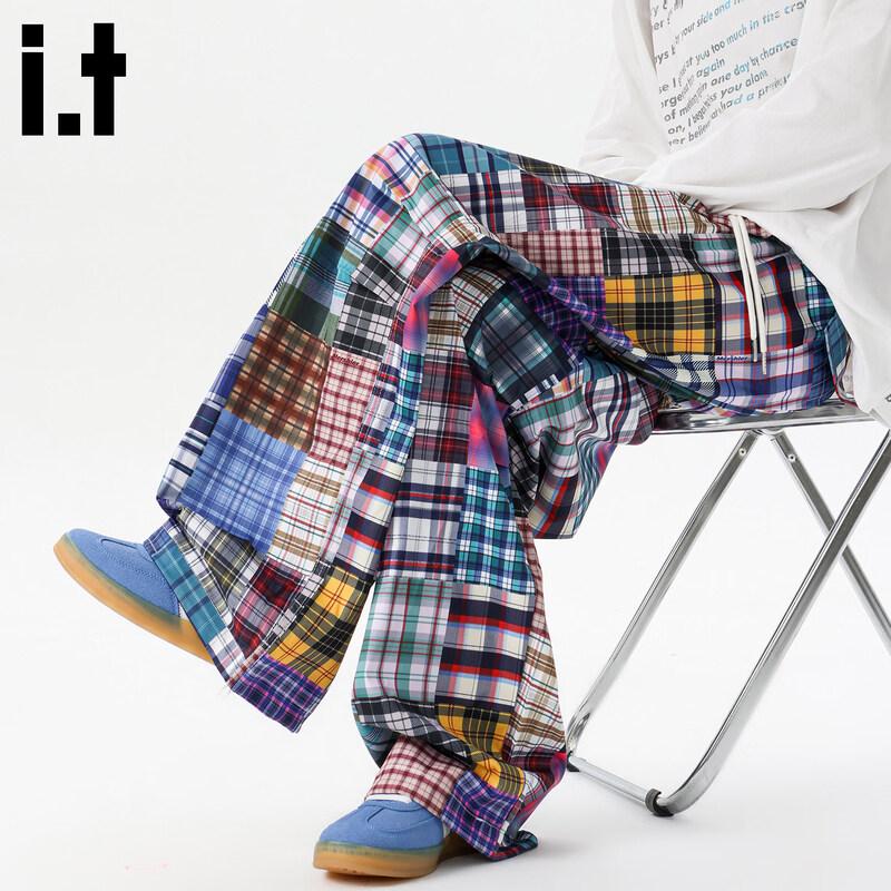 :CHOCOOLATEit Men s Colorful Plaid Patchwork Wide-Leg Pants 3XL