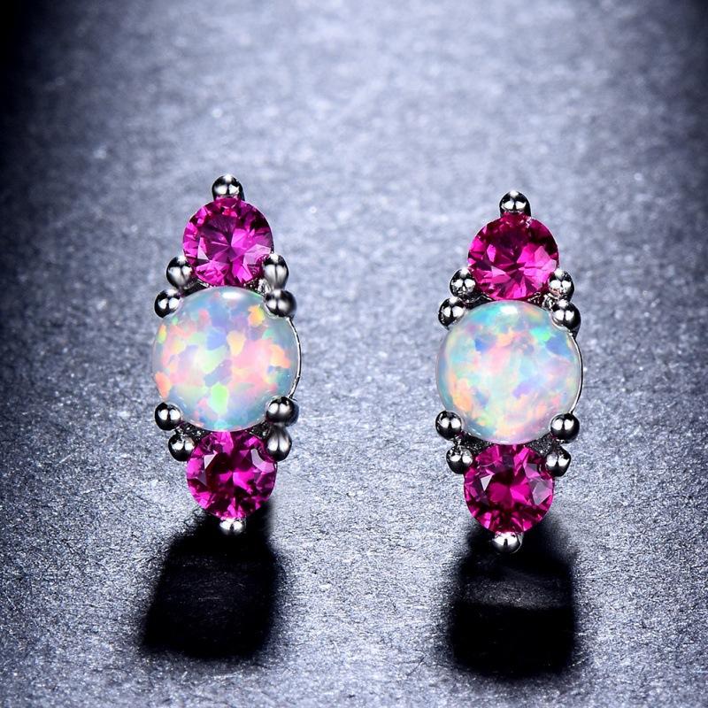 Internet celebrity simple cold wind s round opal with diamond stud earrings women s exquisite small jewelry 925 silver