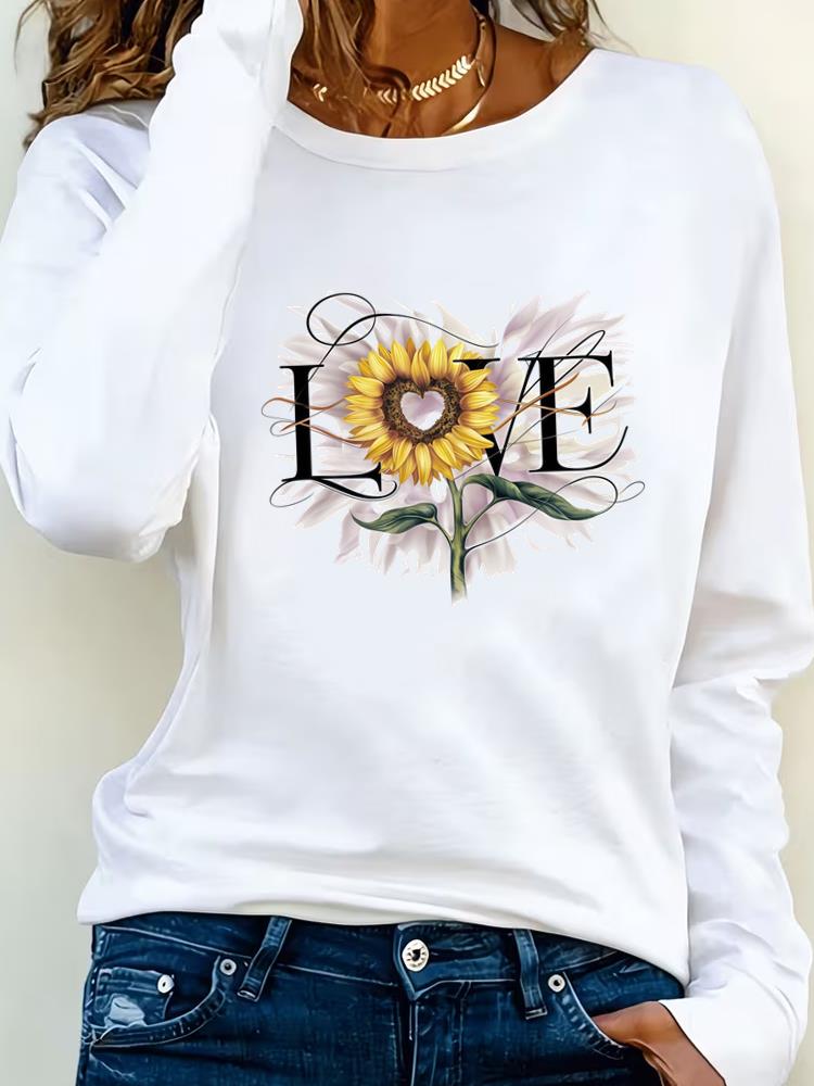 (Asian Size) flower style Clothing Casual  Tee Lady Printed o-neck Long Sleeve T Shirt Women Female Fashion Top Graphic T-shirts