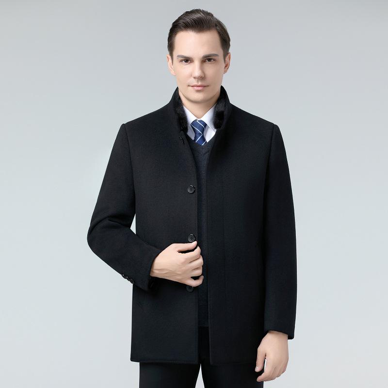 Men's Double-Faced Wool Coat with Detachable Down Lining, Wool Blend, Stand and Fur Collars, for Middle-Aged and Elderly.