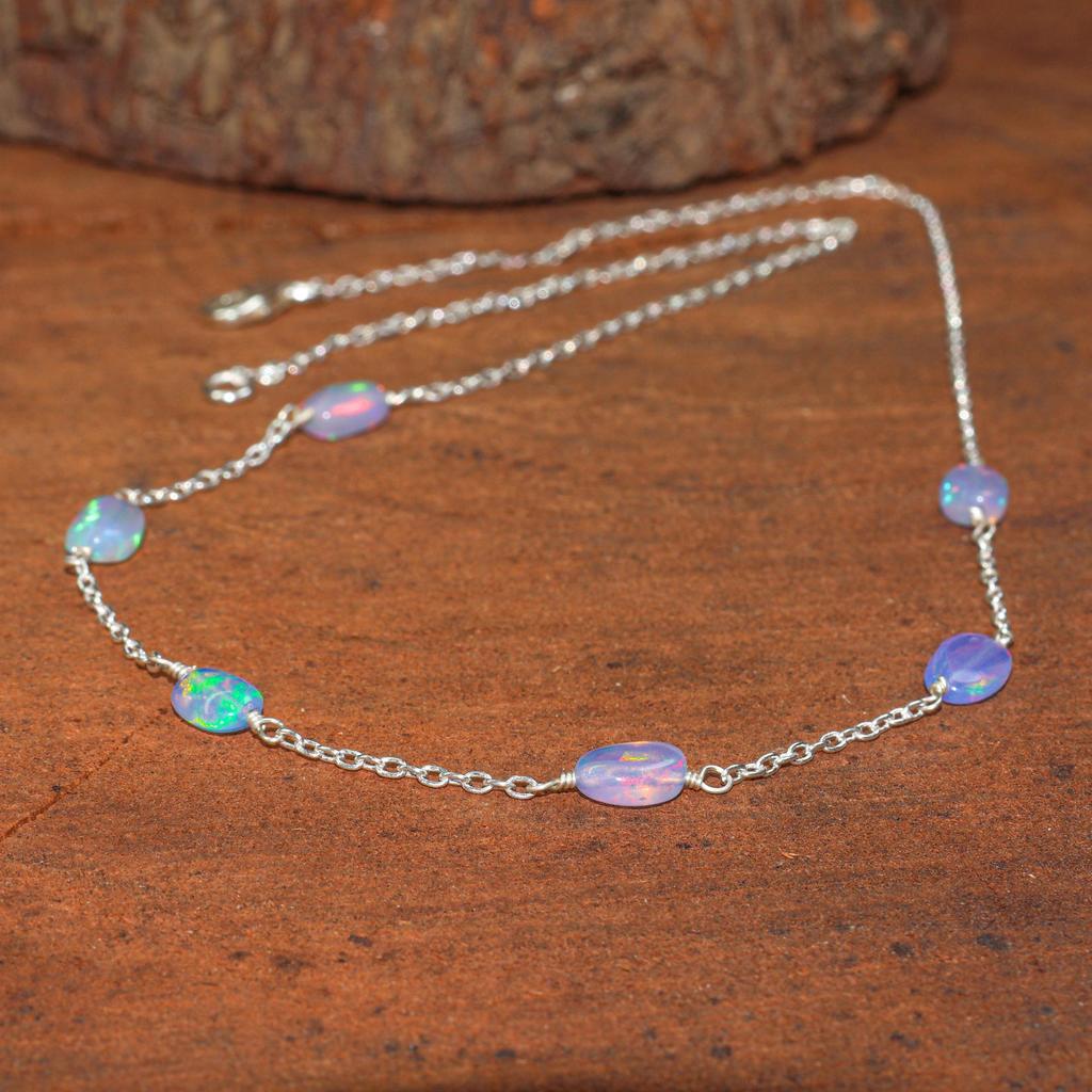 Multifire Lavender Opal Tumble Beads Chain Necklace, Genuine Ethiopian Opal Chain Necklace, Opal Delicate Jewelry for Women, Birthstone Gift