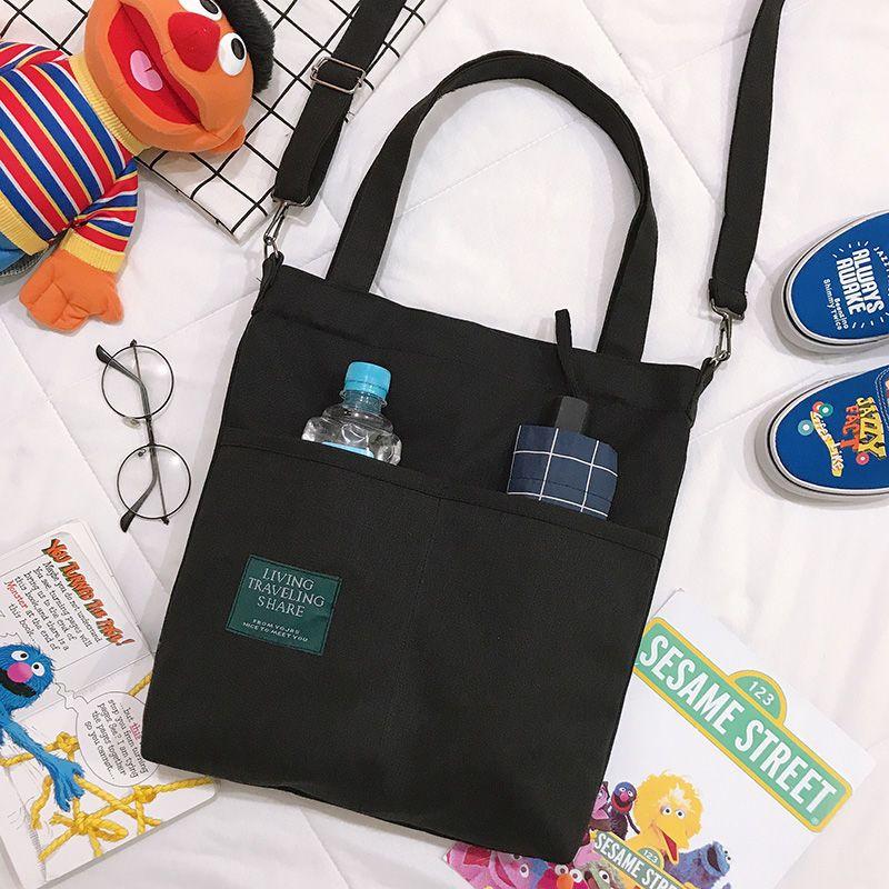 

Messenger Bag Female Student Korean Style Bag Canvas Shoulder Bag Campus Cute Wild Girlfriends Same Style Bag Handbag Black Double Pocket [Crossbody]]