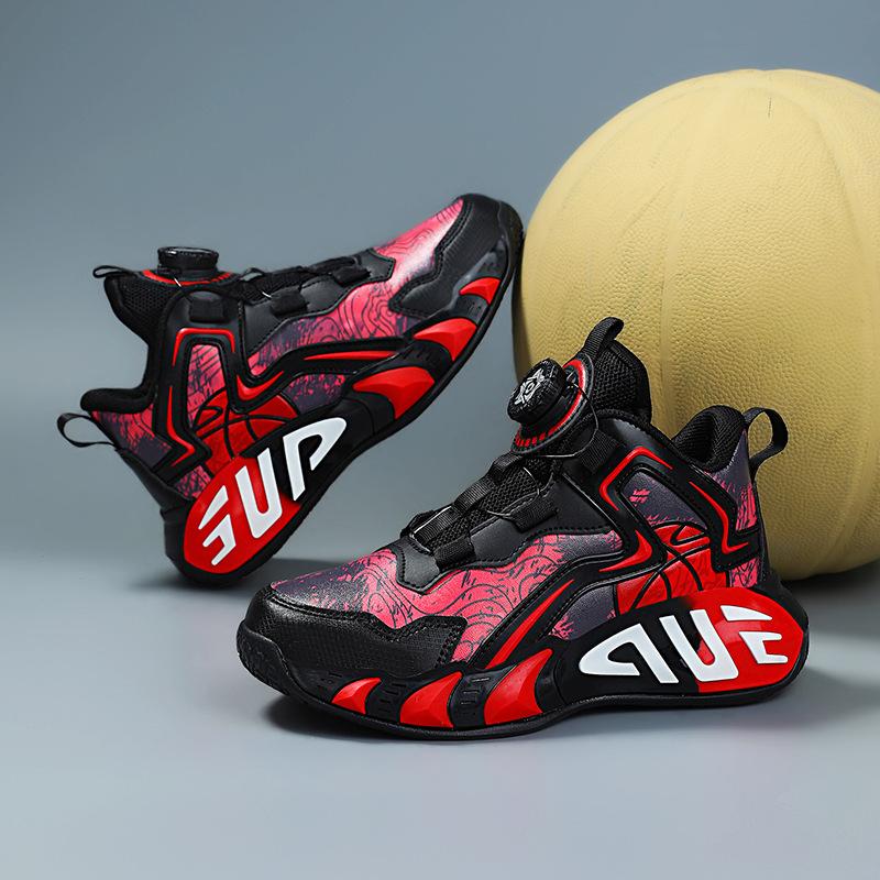 Children's Basketball Shoes Autumn and Winter New Leather Waterproof Boys' Shoes Button Sports Shoes Velvet Warm Large Cotton Cotton Shoes