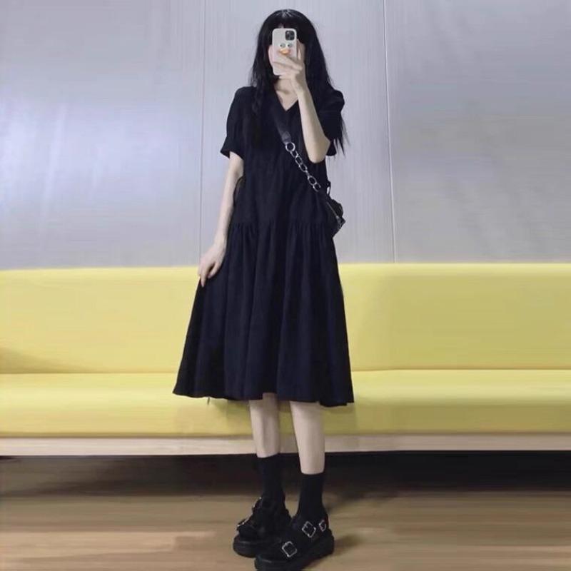 

Women s clothing summer solid color drawstring niche design sense v-neck gentle wind temperament advanced sense black dress XXXL 160-180