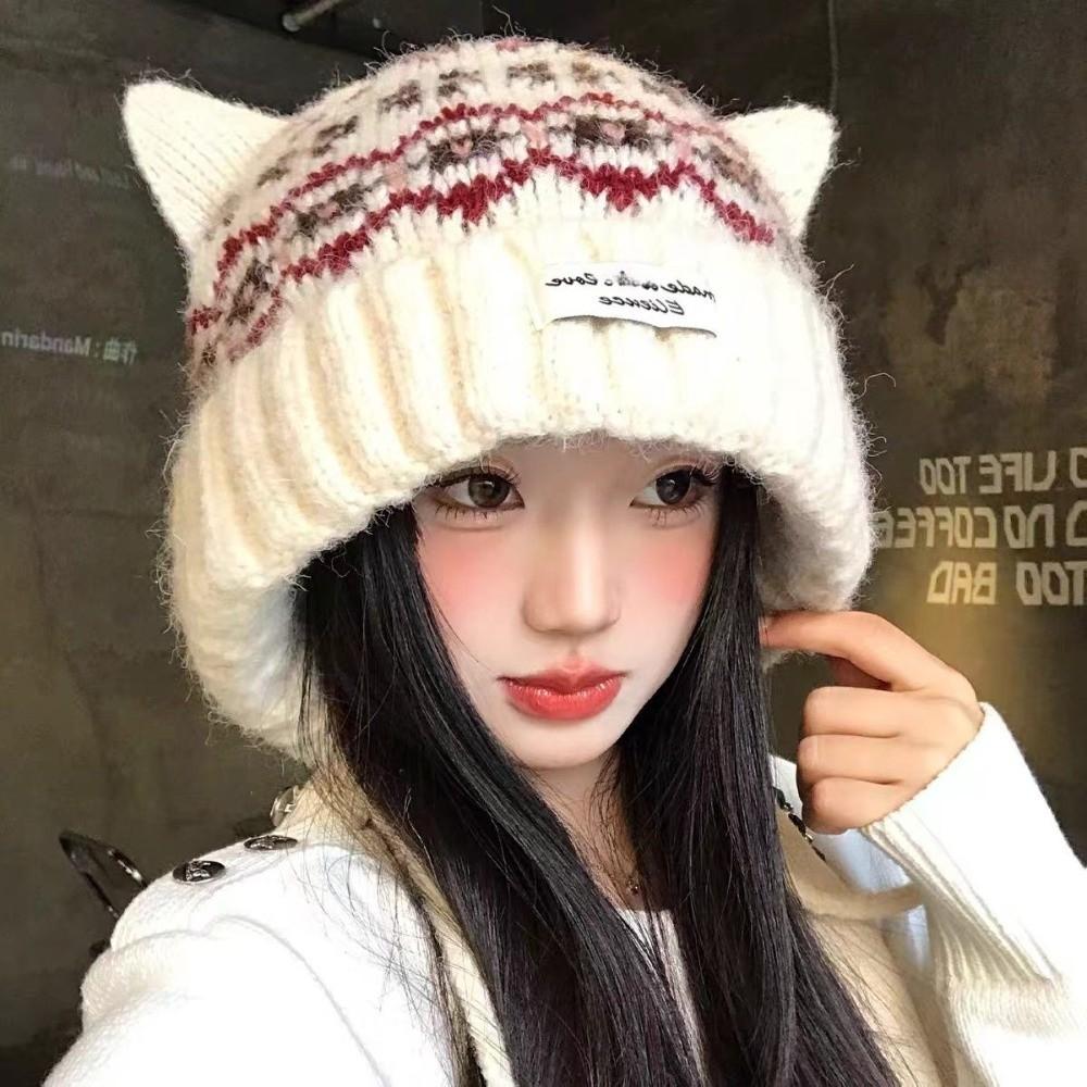 Fair Isle Cat Ear Knitted Hat Geometric Jacquard Fluffy Knit Cap Thickened Beanie Leisure Travel