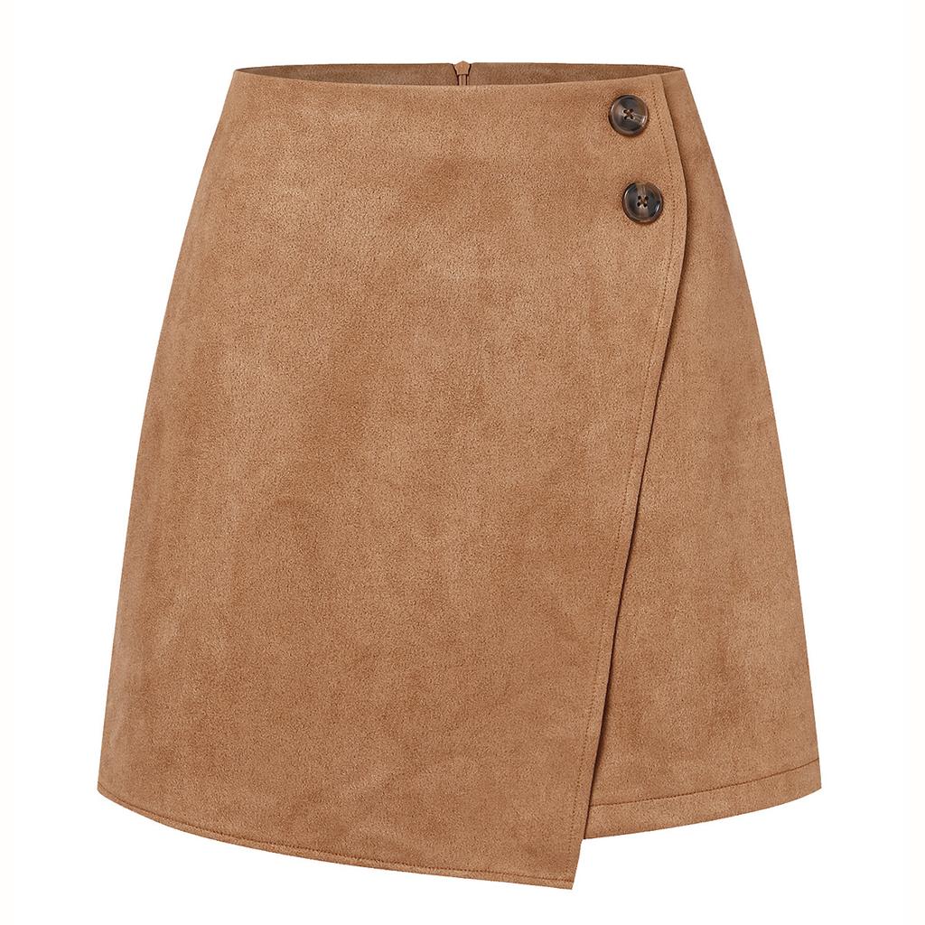 Suede Irregular Skirt Solid Color High-waisted Zipper Button Skirt Women