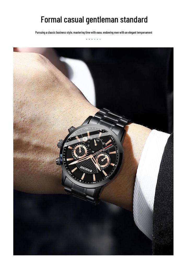 BINBOND Men's Waterproof Quartz Sports Watch with Steel Strap and Dual Eye Multifunction.