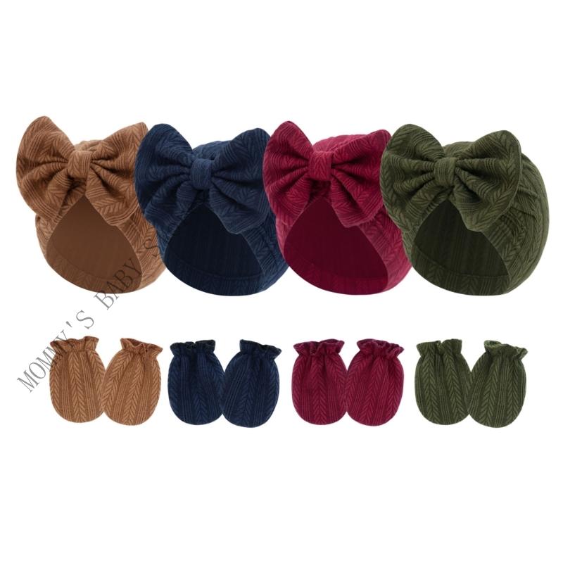 

H3CD Baby Boys Girls Cotton Bonnet Cap Mittens 4 Set/pack Scratch Protections Gloves & Bowknot Hat for Newborns