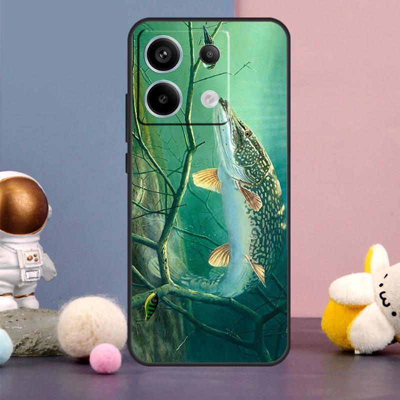 Pike Fish Fishing Lure Case For Xiaomi Redmi Note 14 9 10 11 12 13 15 Pro Plus Redmi 15 15C 14C 10C 12C 13C Cover