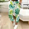 Women Plus Size Leaf Printed Jogger Pants Drawstring Waist Side Pockets Cuffed Ankle Casual Pants