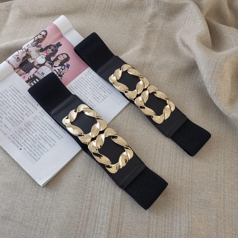 Gold Square Buckle Belt Women's Wide Decorative Jacket with Skirt Sweater Belt Elastic Simple Versatile Waist Seal Accessories Black