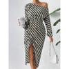 Stylish Long Sleeve Striped Skew Collar Women Sexy Dress Lace-up High Waist Elegant Dresses Women Casual Irregular Split Party Club Female Dress 25936