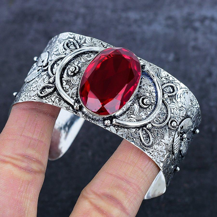 Natural Garnet Gemstone Handmade 925 Sterling Silver Cuff Bangle Adjustable O1B82