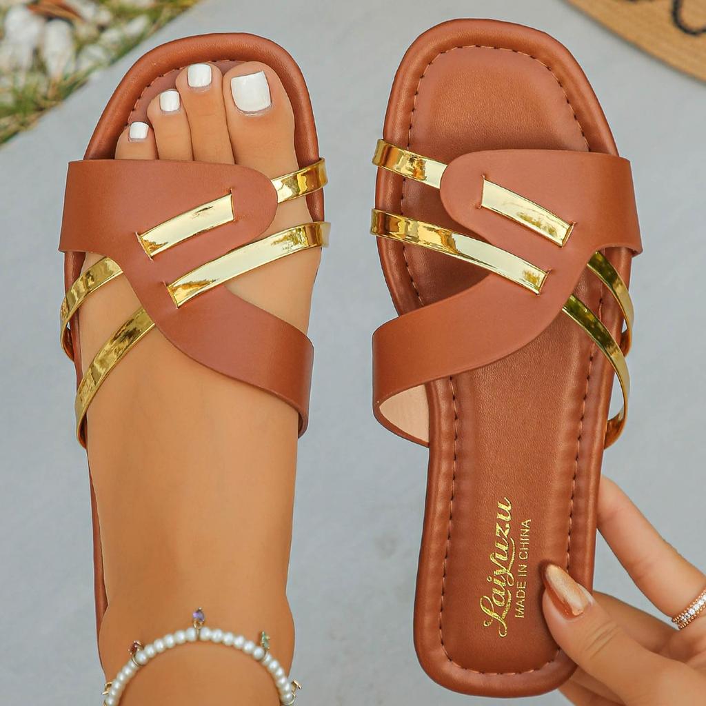 Ladies' casual metal strip with color blocked flat bottom for outdoor wear, sandals and slippers