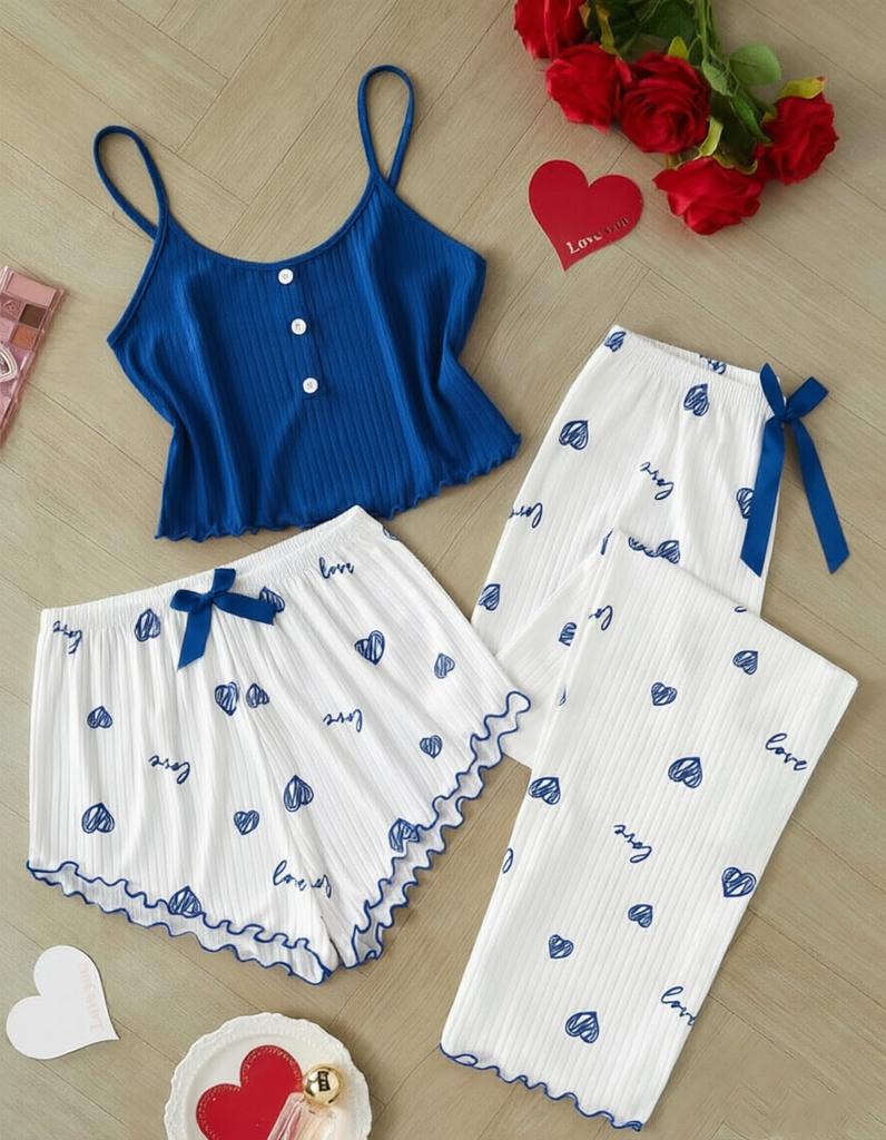 Pure Desire Love Print Summer Three-piece Set Sweet Suspenders Women's Loungewear Pajamas Women