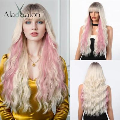 Peruci blonde lungi ondulate cu evidențiere roz Ombre Perucă blondă cu breton Petrecere colorată Păr de zi cu zi Fibră rezistentă la căldură