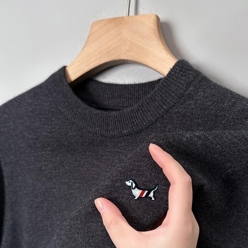 Men's O-Neck Pullover Knitwear Autumn Winter Solid Color Dog Print Warm Soft Fashion Casual Men'swear