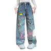 Girls' Stylish Graffiti Wide-Leg Denim Jeans - Spring & Autumn Street-Style Loose Fit for Big & Middle Kids
