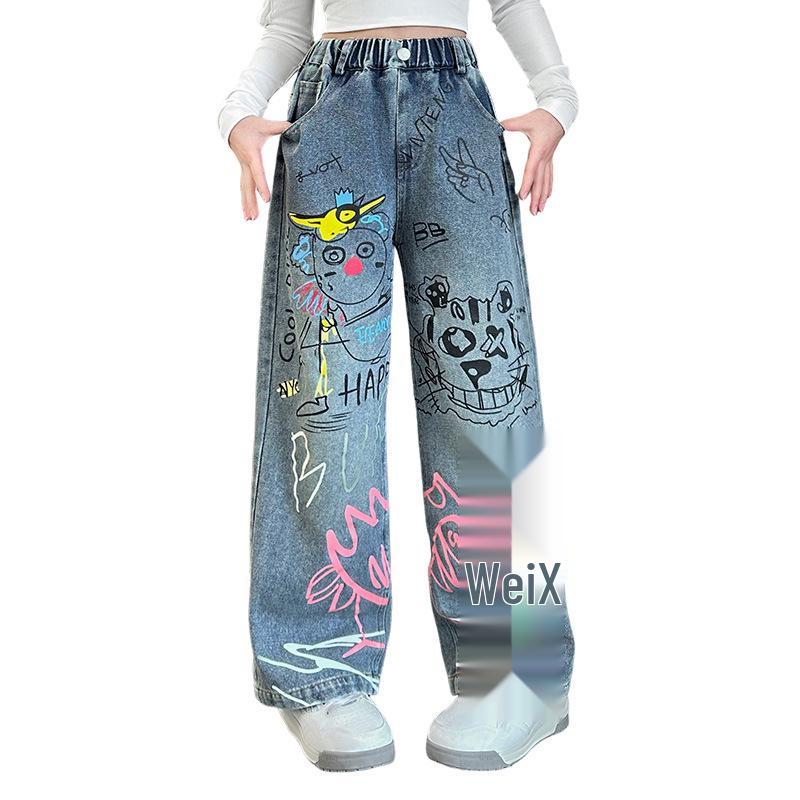 Girls' Stylish Graffiti Wide-Leg Denim Jeans - Spring & Autumn Street-Style Loose Fit for Big & Middle Kids