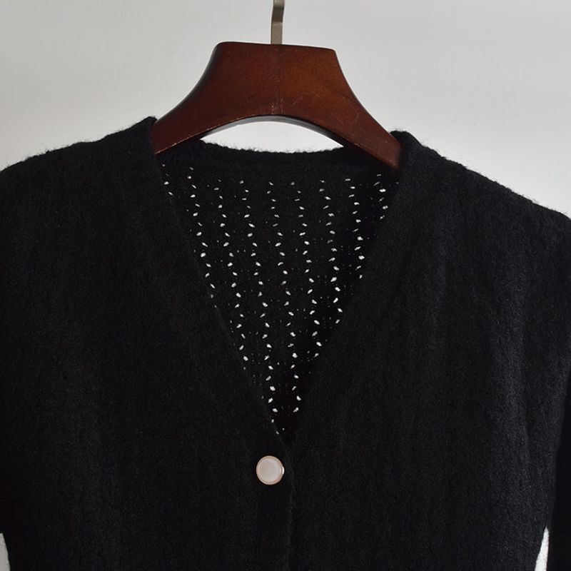French Simplicity Pure Color V-neck Hollow Knitting Cardigan Female Spring & Fall Elegant Single-Breasted Long Sleeve Outwear Easiest for Match Tops