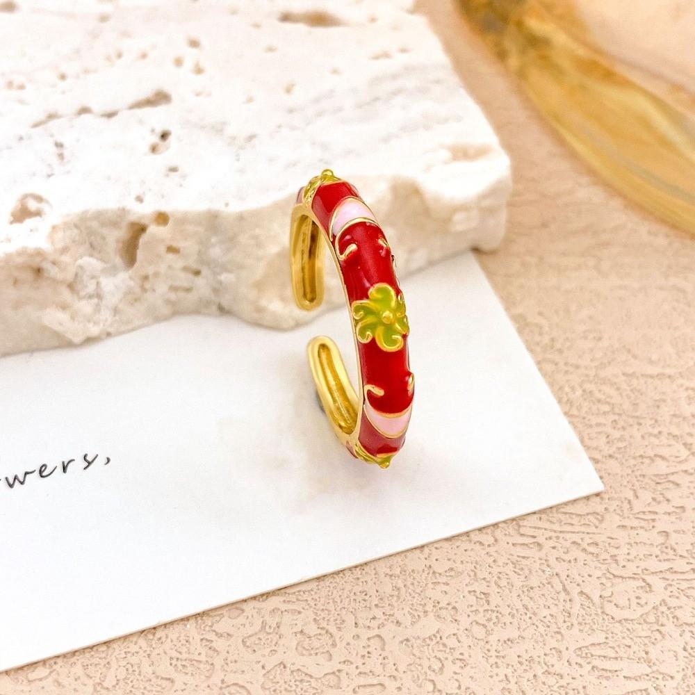 Unique Enamel Dot Open Ring Chinese Style Adjustable Ring Elegant Bohemian Ring  Women