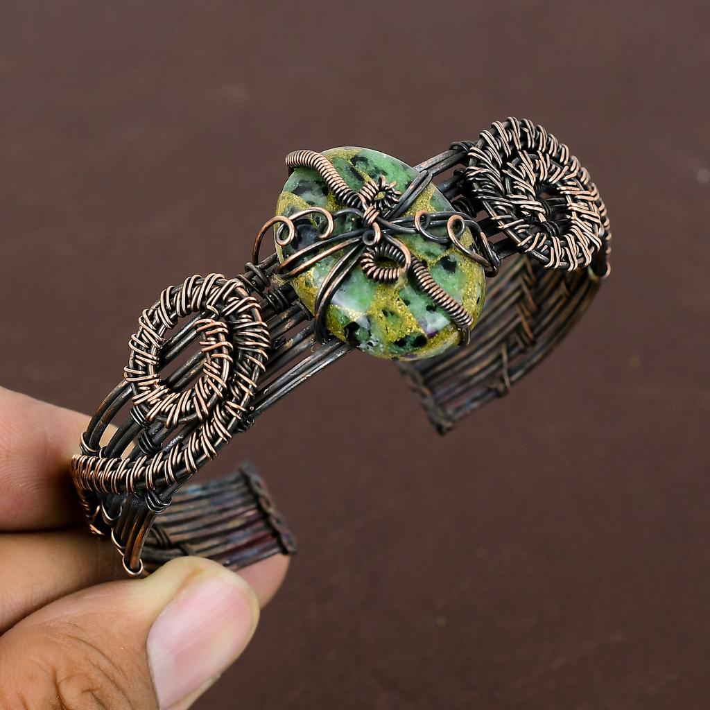 Copper Ruby Zoisite Lab-Created Handmade Copper Wire Wrap Bangle Adjustable l6d85