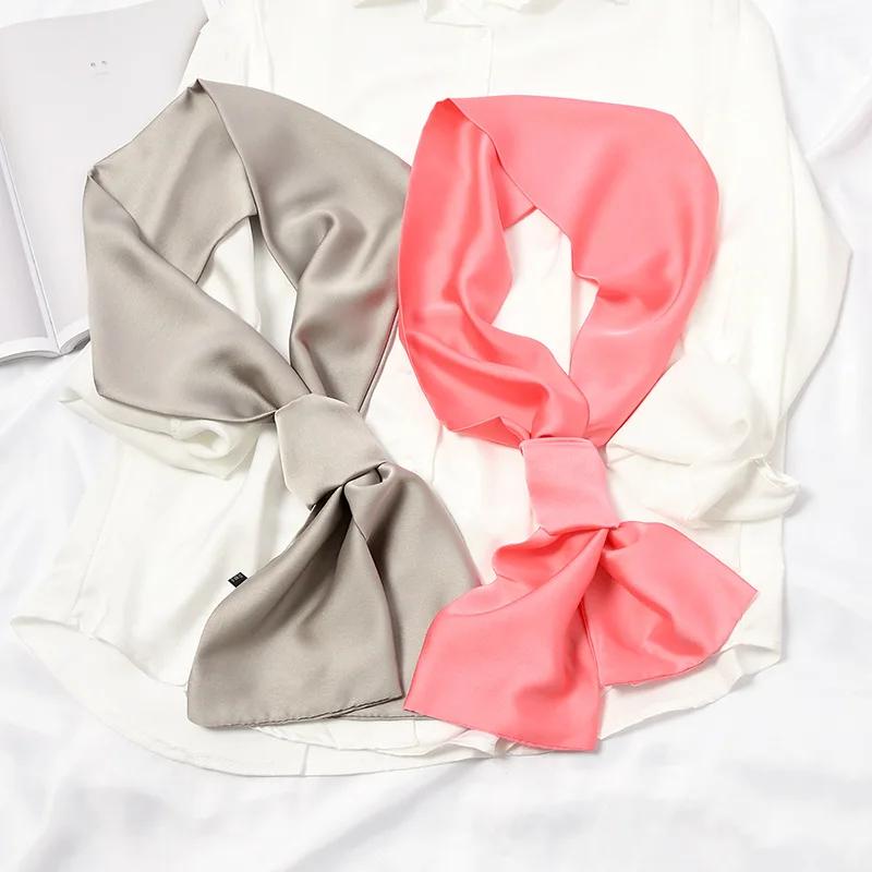 Long Women Neck Scarf Plain Headband Silk Satin Hair Scarf Female 15x140cm Fashion Skinny Bag Scarves For Ladies Beige Pink