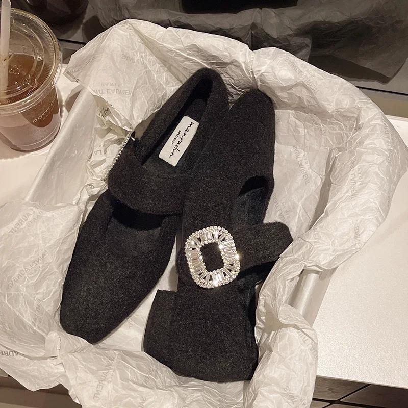 Fashion Warm Fleece 3CM Women Mary Jane Shoes Fashion Crystal Buckle 2025 Spring Wedding Party Female Shoes