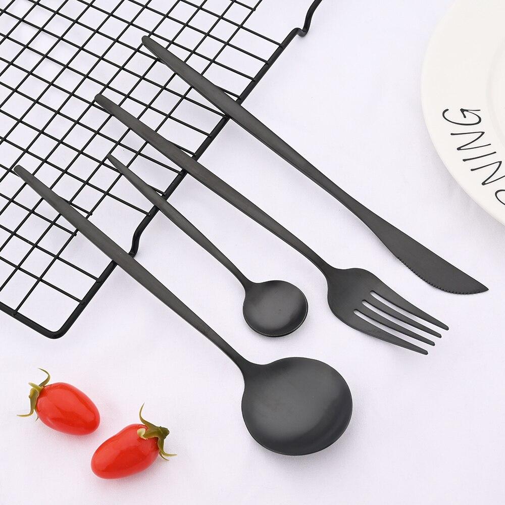 24 deler Matt Svart Gull Bestikksett Gaffel Skje Kniv Bestikksett Rustfritt stål Bestikk Komplett servisesett Kjøkken