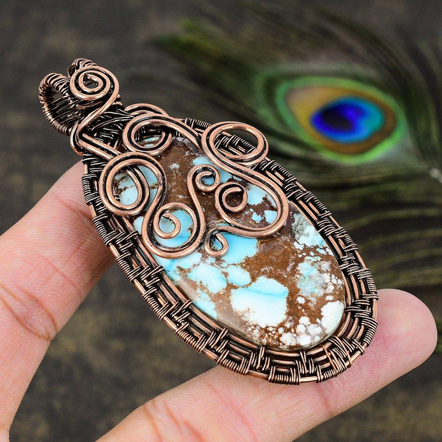 Tibetan Turquoise Gemstone Copper Wire Wrap Jewelry Pendant 3.27