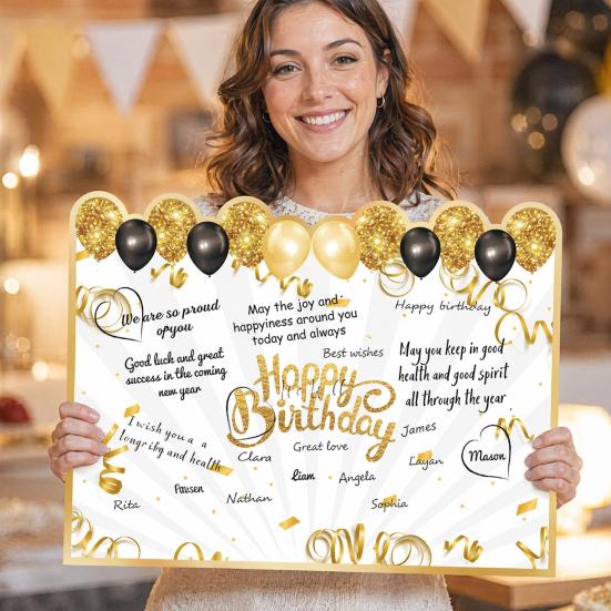 Großes Geburtstagsgästebuch Grußkarte für Männer Frauen, Schwarz Gold Alles Gute zum Geburtstag Gästeschildbuch für Geburtstagsfeier Zubehör
