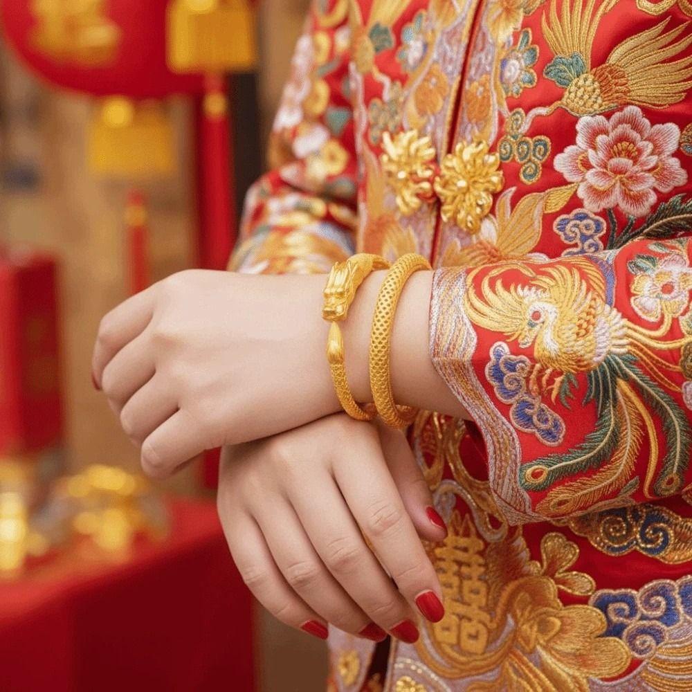 Wide Open Dragon and Phoenix Bracelets Armlet Alloy Chinese Style Golden Bangle Exquisite Carved Bride Wrist Jewelry Groom