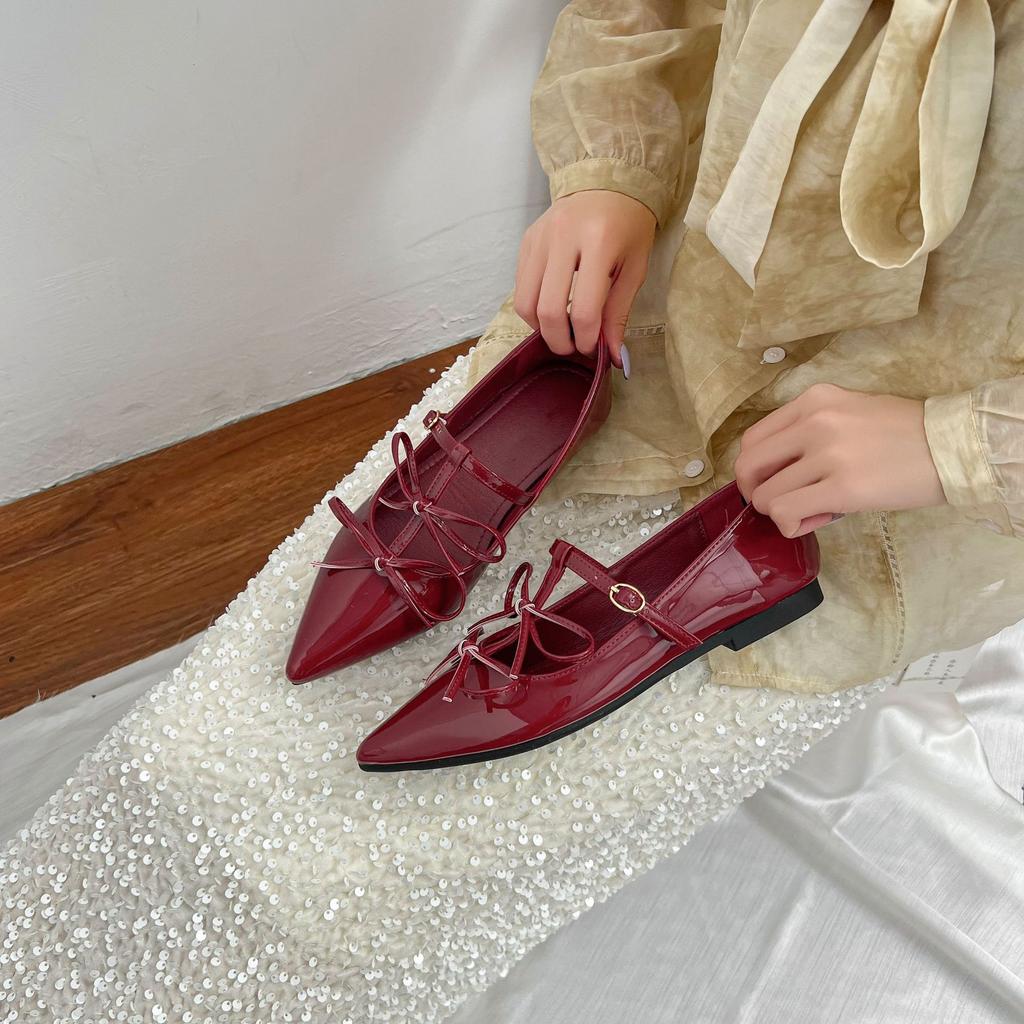 Yuanlitong pointed bow shallow mouth flat bottom Mary Jane single shoes women's banquet shoes women's outer wear temperament shoes women