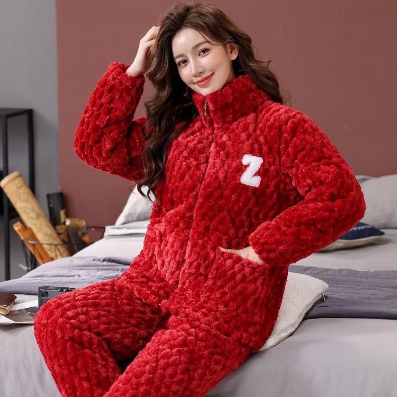 Pajamas women's winter three-layer thickened models fleece coral fleece warm padded cotton autumn and winter women's loungewear