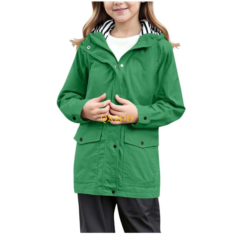 Kids Boys Girls Lightweight Waterproof Raincoat Zipper Pocket Youth Button Hooded Windbreaker Coat 110cm