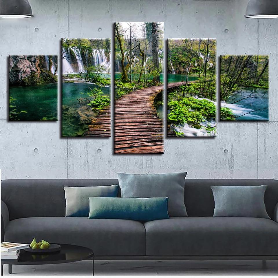 Canvas Kunst Schilderijen 5 Delen Bergstroom Waterval Brug Posters Landschapsschilderijen Woondecoratie Woonkamer Decoratie