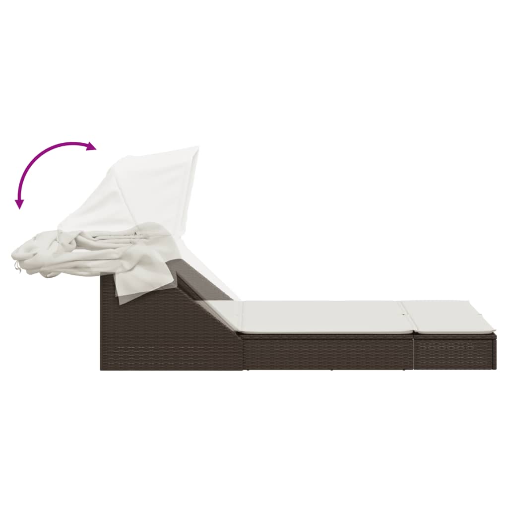 Double Sun Lounger with Canopy and Cushions Brown Poly Rattan