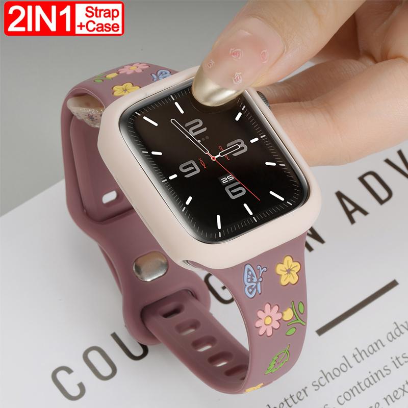 Thin Band+Silicone Case for Apple Watch 40/41mm 42mm 44/45mm 46mm 49mm Engraved Strap iWatch Ultra 2 Series 10 9 8 7 6 SE 5 4 3