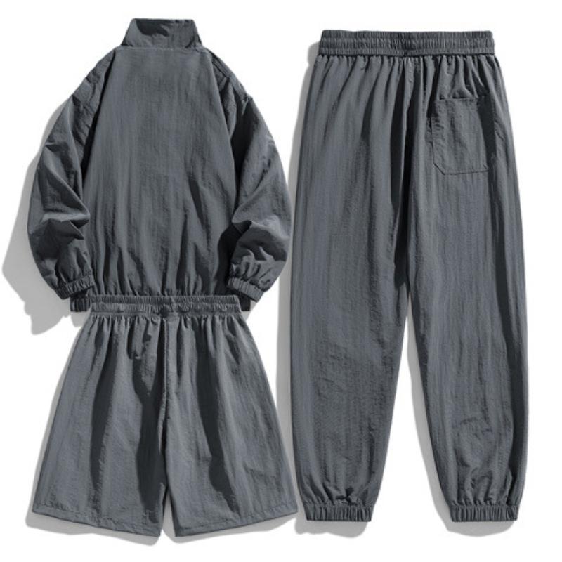 Men's Casual Ice Silk Tracksuit Jacket Shorts And Trousers 3pcs Suit Running Fitness Jacket Suit Male Sportswear Set