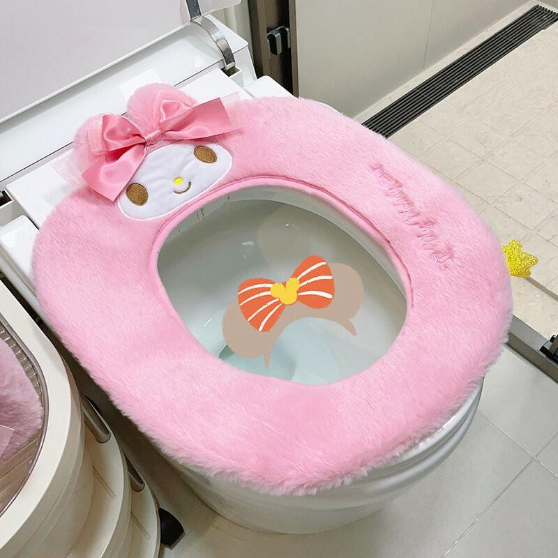 Cute My Melody Plush Toilet Seat Cover Adhesive Style Home Bathroom Winter Fall Use