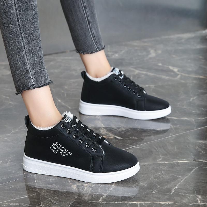 Cotton Shoes Women's 2025 Winter Plush Warm Snow Boots Black Pu Leather Ankle Boots Flat bottom Lace Up Sneakers Fur Short Boots