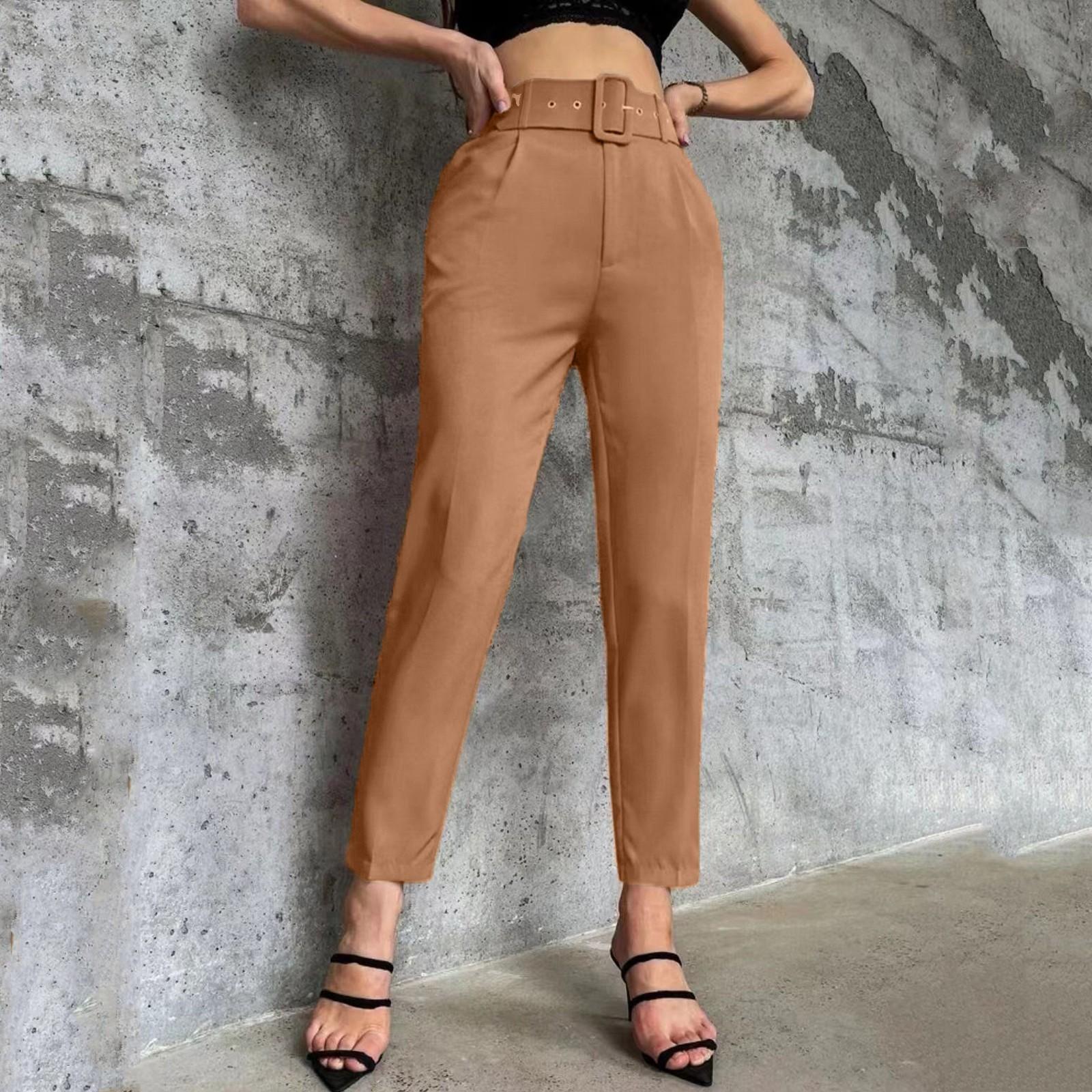 

Жіночі однотонні повсякденні брюки Мікроеластичний приталений ремінь, прикрашений прямі брюки, штани з дев’ятьма точками XXXL коричневий