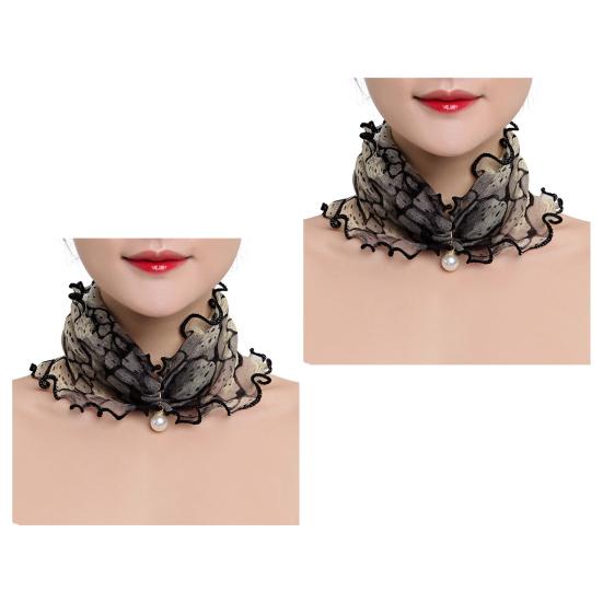2Pcs Women Faux Silk Scarf Printing Faux Pearl Decor Lace Trim Lightweight Scarf Hand
