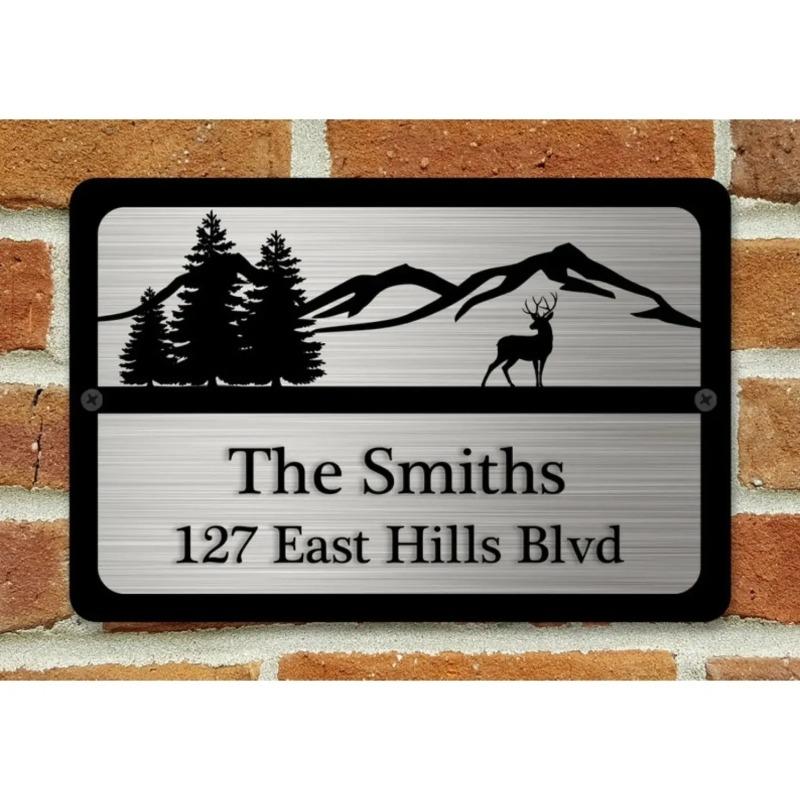 Metal Wall Art Custom Deer Landscape House Number Sign Personalized Plaque Decor