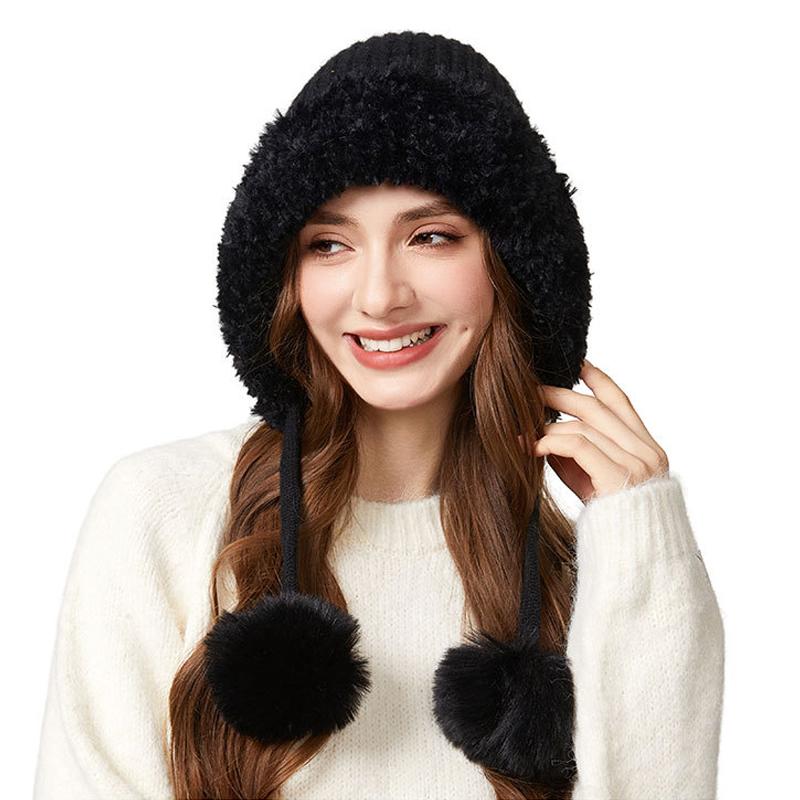Outdoor Velvet Warm Wool Hat Women's Winter Plush Edge Ear Protection Wool Ball Knitted Hat